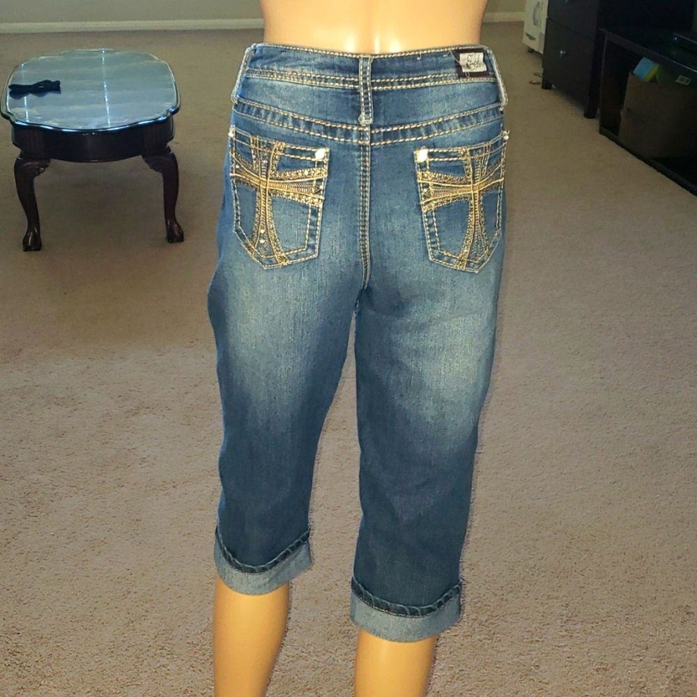 Earl Jeans 10 long shorts and rolled cuff blinged out Celtics cross pockets